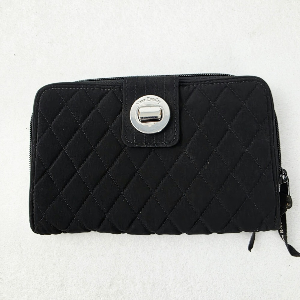 Vera Bradley Black Quilted Microfiber Turn Lock Zip Around Wallet Organizer